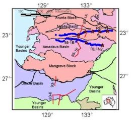 Simplified geology of the central Australian region-Megaelement boundaries. Contact Barry Drummond or Bruce Goleby.