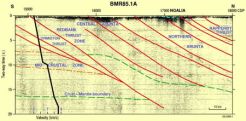 Interpreted seismic section from the southern Arunta block (Line BMR85.01A). Linked image is 270KB.
